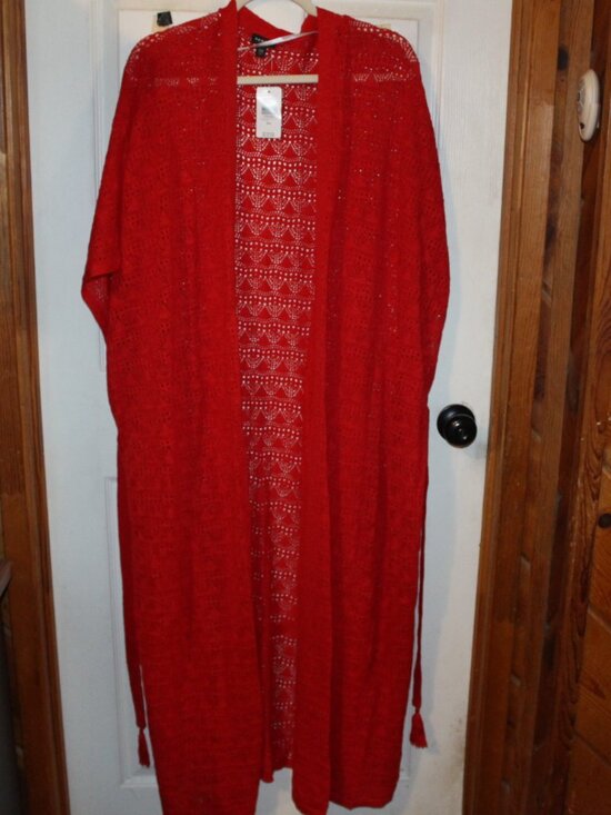 Torrid Sweaters - NWT Torrid red crochet open front duster cardigan 5/6(28W-30W)  Pretty!